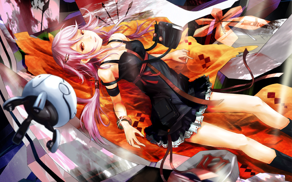 Anime-Bild 1920x1200 mit guilty crown production i.g yuzuriha inori fyu-neru sputnik films single long hair highres red eyes wide image pink hair girl dress hair ornament hairclip mecha