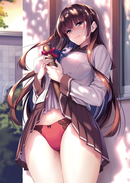 Anime picture 1062x1500 with original comic exe piromizu single long hair tall image looking at viewer blush fringe breasts blue eyes light erotic brown hair large breasts standing holding outdoors blunt bangs long sleeves nail polish