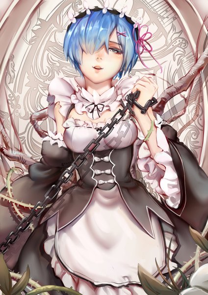 Anime picture 2480x3507 with re:zero kara hajimeru isekai seikatsu white fox rem (re:zero) yaya (shizuku) single tall image blush fringe highres short hair open mouth blue eyes blue hair hair over one eye maid girl dress uniform headdress maid headdress