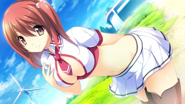 Anime picture 2560x1440 with kono oozora ni tsubasa wo hirogete himegi ageha highres short hair light erotic smile wide image brown eyes game cg red hair girl thighhighs navel black thighhighs miniskirt necktie wind turbine