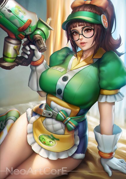Anime-Bild 800x1132 mit overwatch blizzard entertainment mei (overwatch) nudtawut thongmai single long hair tall image looking at viewer fringe breasts light erotic brown hair holding brown eyes signed payot ponytail indoors blunt bangs parted lips