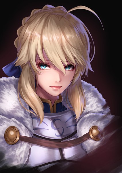 Anime picture 778x1100 with fate (series) fate/grand order fate/stay night artoria pendragon (all) saber re (re 09) single tall image looking at viewer fringe short hair blue eyes simple background blonde hair hair between eyes payot upper body ahoge braid (braids) fur trim