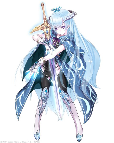 Anime picture 800x1000 with original capriccio single long hair tall image looking at viewer white background purple eyes blue hair full body horn (horns) girl thighhighs weapon black thighhighs sword