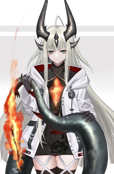 Anime picture 1313x2000 with arknights reed (arknights) eternity (shadeh) single long hair tall image looking at viewer fringe blue eyes simple background standing holding payot silver hair ahoge tail blunt bangs parted lips horn (horns) open jacket