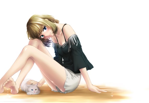 Anime picture 2000x1388 with idolmaster idolmaster cinderella girls takagaki kaede shoukaki (earthean) single looking at viewer blush highres short hair blue eyes smile brown hair white background bare shoulders barefoot legs girl shorts cat white shorts