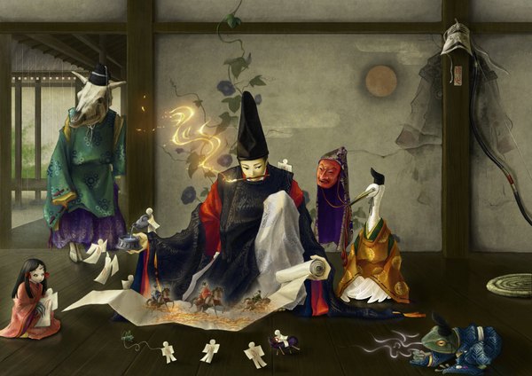 Anime picture 2000x1414 with original rien (sonidori) highres black hair brown eyes yellow eyes japanese clothes horn (horns) mouth hold ghost onmyouji ribbon (ribbons) animal bird (birds) mask skull monster doll (dolls) japanese house frog