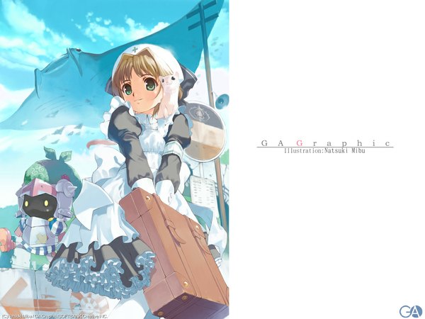 Anime picture 1024x768 with gagraphic mibu natsuki single short hair blonde hair smile green eyes signed looking away sky outdoors from below maid wallpaper animal on shoulder girl uniform animal fish (fishes) suitcase