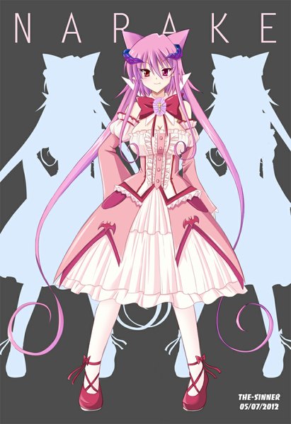 Anime picture 800x1166 with the-sinner single tall image blush simple background smile red eyes animal ears pink hair very long hair horn (horns) dark background girl dress detached sleeves