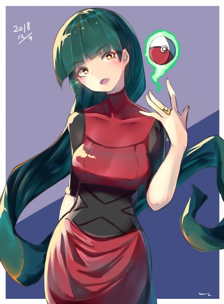 Anime picture 739x1000 with pokemon nintendo sabrina (pokemon) e-co single tall image looking at viewer fringe open mouth simple background red eyes blunt bangs very long hair head tilt :d green hair dated purple background girl ring