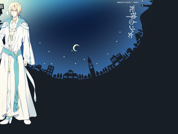 Anime picture 1600x1200 with shinigami to shojo ao (shinigami to shojo) single looking at viewer short hair blue eyes blonde hair standing game cg inscription night official art wallpaper night sky hand on hip city hieroglyph cityscape crescent boy
