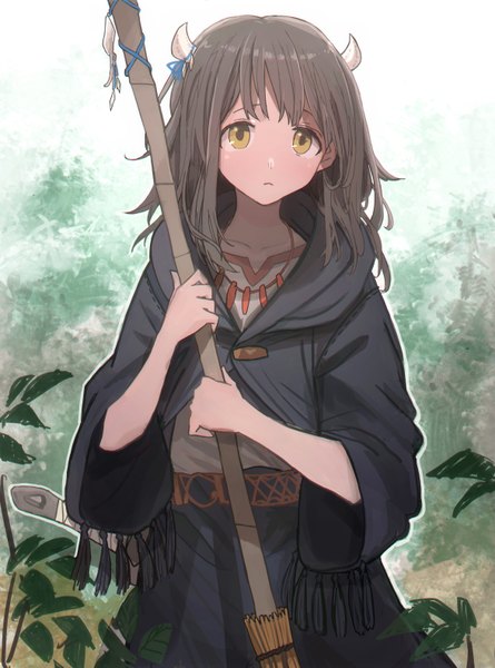 Anime picture 1173x1581 with original jugatukumao single long hair tall image looking at viewer blush fringe brown hair holding yellow eyes parted lips horn (horns) girl ribbon (ribbons) weapon plant (plants) sword choker cape