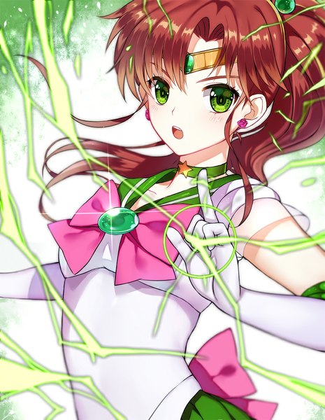 Anime picture 800x1032 with bishoujo senshi sailor moon toei animation kino makoto sailor jupiter s a~ single long hair tall image looking at viewer blush open mouth brown hair green eyes ponytail sleeveless magic magical girl girl gloves bow