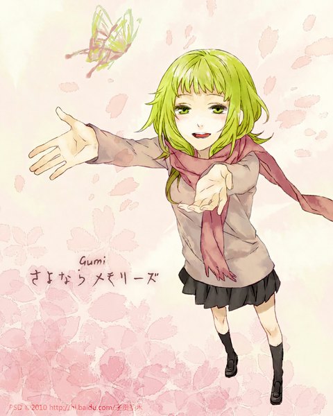 Anime picture 800x999 with vocaloid sayonara memories (supercell) gumi psd (pixiv) single tall image blush fringe short hair open mouth green eyes green hair arms up looking up spread arms girl flower (flowers) petals socks scarf