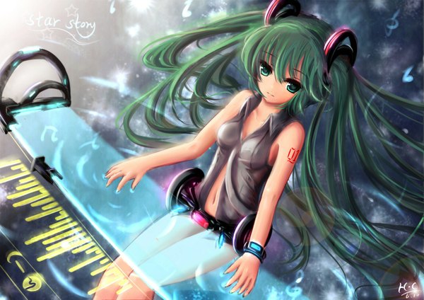 Anime picture 1684x1191 with vocaloid vocaloid append hatsune miku hatsune miku (append) wangchuan de quanyan twintails green eyes very long hair green hair sleeveless girl navel water musical note