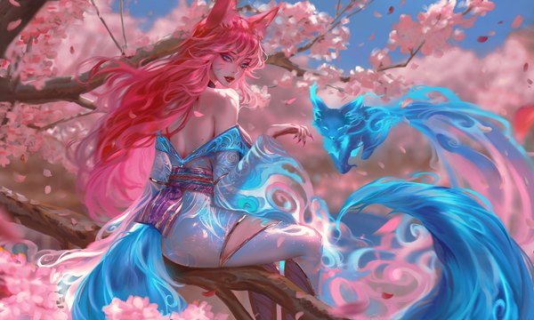 Anime picture 6667x4000 with league of legends ahri (league of legends) spirit blossom ahri nixeu single long hair looking at viewer fringe highres breasts blue eyes hair between eyes wide image large breasts sitting animal ears pink hair absurdres sky bent knee (knees)