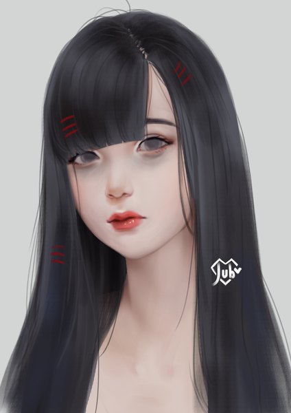 Anime picture 2480x3508 with original alyssa (jubi) jubi (regiana) single long hair tall image looking at viewer fringe highres black hair simple background signed blunt bangs black eyes lipstick red lipstick expressionless no pupils empty eyes girl