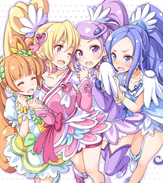 Anime picture 838x942 with precure dokidoki! precure toei animation aida mana hishikawa rikka kenzaki makoto yotsuba alice cure heart cure sword cure rosetta cure diamond tokunou shoutarou long hair tall image blush fringe short hair open mouth blue eyes blonde hair