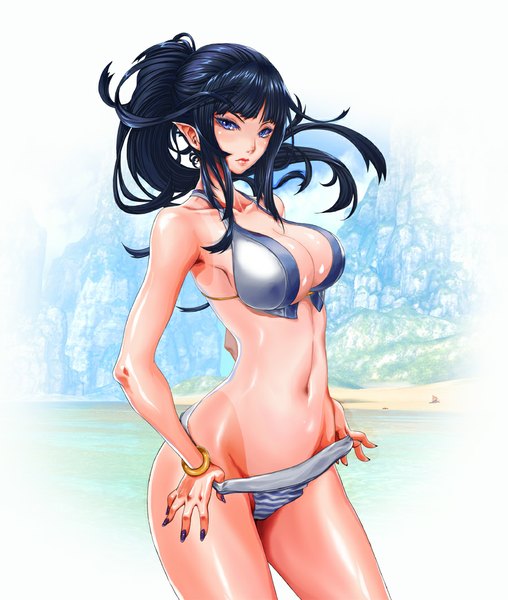 Anime picture 900x1062 with blade & soul kun (blade & soul) rantia (artist) single long hair tall image looking at viewer blush breasts blue eyes light erotic large breasts blue hair pointy ears girl navel swimsuit bikini bracelet