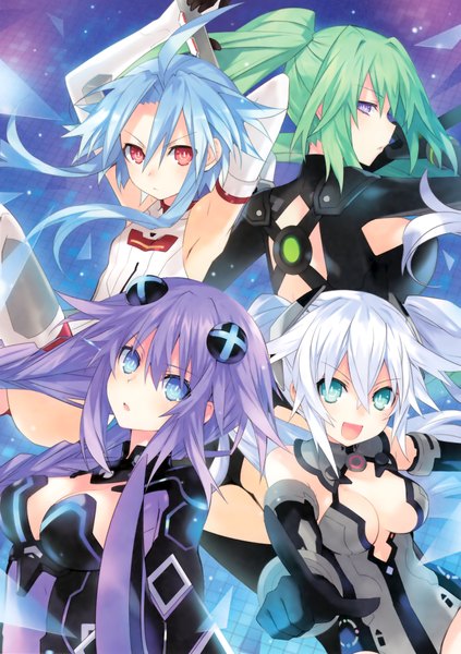 Anime picture 2819x4000 with choujigen game neptune noire purple heart black heart vert blanc green heart white heart tsunako long hair tall image looking at viewer fringe highres short hair breasts open mouth blue eyes light erotic smile