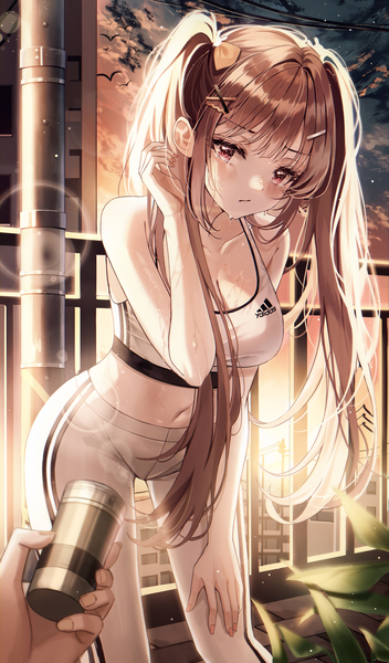 Anime picture 3027x5166 with original adidas jjuha6 long hair tall image looking at viewer blush fringe highres breasts red eyes brown hair large breasts standing twintails holding payot absurdres cleavage blunt bangs