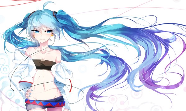 Anime picture 1600x960 with vocaloid hatsune miku qys3 single blush light erotic wide image white background twintails bare shoulders looking away ahoge very long hair nail polish multicolored hair aqua eyes wind aqua hair open clothes open jacket