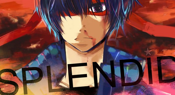 Anime picture 1120x613 with happy tree friends splendid (htf) m (pixiv2040308) fringe short hair blue eyes wide image blue hair hair over one eye open collar personification boy blood mask