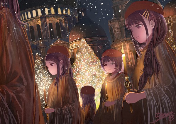 Anime picture 1000x705 with original popopo long hair fringe short hair brown hair multiple girls holding brown eyes signed payot looking away outdoors blunt bangs wide sleeves light snowing shaded face snow head out of frame