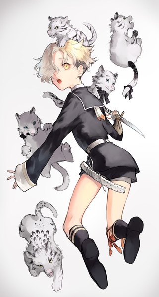 Anime picture 1098x2048 with touken ranbu nitroplus gokotai gokotai's tigers yokuni (yokunill001121) single tall image looking at viewer fringe short hair open mouth simple background blonde hair yellow eyes full body looking back from behind hair over one eye animal on head boy