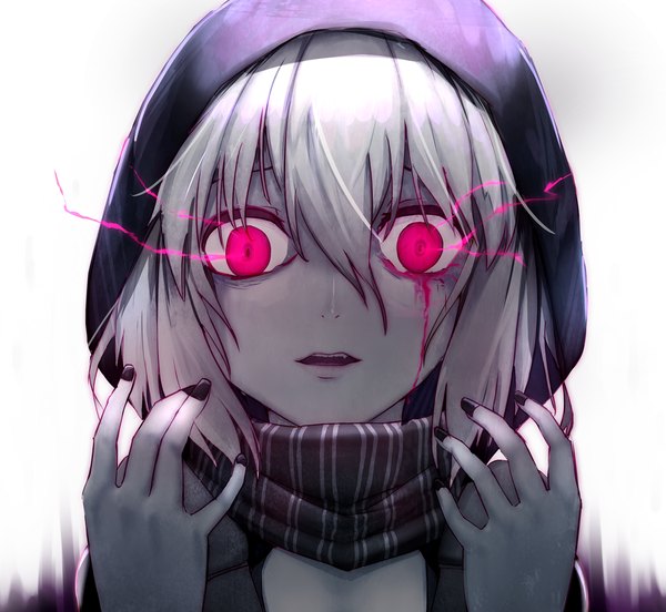 Anime picture 1200x1105 with kantai collection re-class battleship rubellent single looking at viewer fringe short hair open mouth simple background hair between eyes red eyes white background payot silver hair nail polish fingernails fang (fangs) glowing portrait glowing eye (eyes)