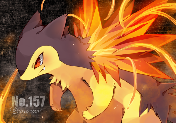 Anime picture 1000x702 with pokemon nintendo typhlosion shira (sirairo116) single red eyes signed looking away fang (fangs) twitter username no people gen 2 pokemon pokemon number flame pokemon (creature)