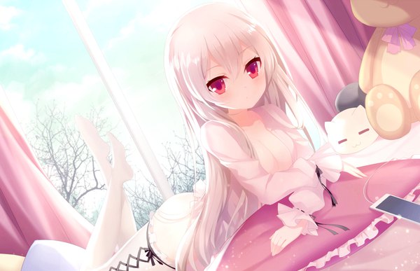 Anime picture 3960x2560 with niliu chahui tokisaki mio single long hair looking at viewer blush highres light erotic red eyes absurdres white hair lying open shirt girl thighhighs shirt white thighhighs window toy stuffed animal