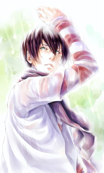Anime picture 1200x2000 with original lorenamgrim single tall image short hair simple background brown hair green eyes signed arms up teeth wet rain striped boy glasses scarf