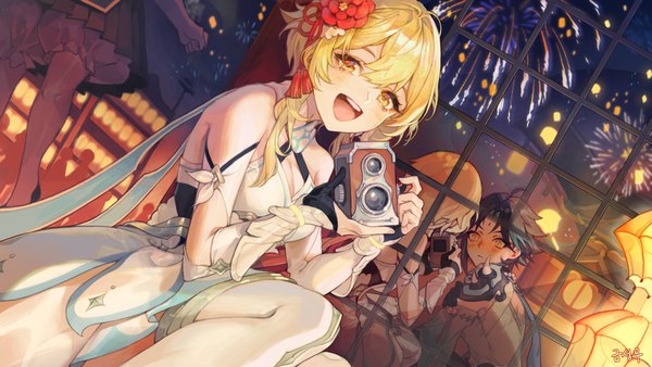 Anime picture 1600x900 with genshin impact lumine (genshin impact) xiao (genshin impact) saber beam looking at viewer blush short hair open mouth blonde hair wide image yellow eyes outdoors :d teeth embarrassed reflection fireworks girl dress boy