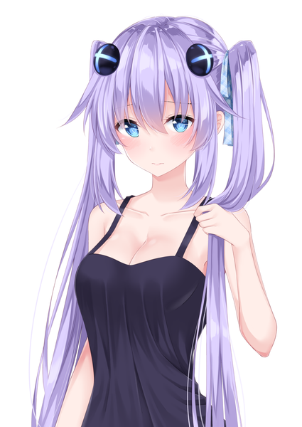 Anime picture 1000x1412 with choujigen game neptune purple heart shikapiro single tall image looking at viewer blush fringe breasts blue eyes light erotic simple background hair between eyes large breasts white background twintails bare shoulders holding payot cleavage