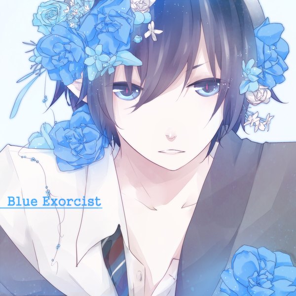Anime picture 1300x1300 with ao no exorcist a-1 pictures okumura rin sekiyu single short hair open mouth blue eyes simple background blue hair hair flower off shoulder inscription blue background face open collar boy hair ornament flower (flowers) shirt