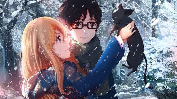 Anime picture 5414x3045 with shigatsu wa kimi no uso a-1 pictures miyazono kaori arima kousei xi chen chen long hair fringe highres short hair blue eyes black hair blonde hair smile hair between eyes wide image holding signed payot looking away absurdres