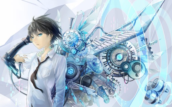 Anime picture 1310x816 with original piyotama single fringe short hair black hair wide image torn clothes adjusting hair open collar mechanical mechanical wings music boy shirt wings necktie white shirt clock musical instrument