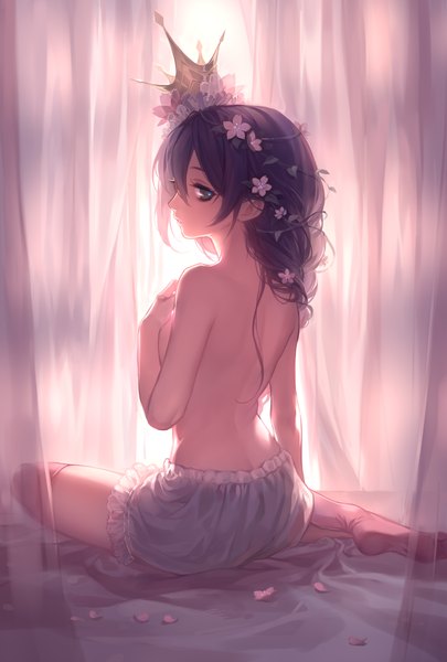 Anime picture 1181x1748 with love live! school idol project sunrise (studio) love live! toujou nozomi silverwing single long hair tall image breasts light erotic sitting bare shoulders green eyes purple hair looking back hair flower no shoes topless covering partial nude