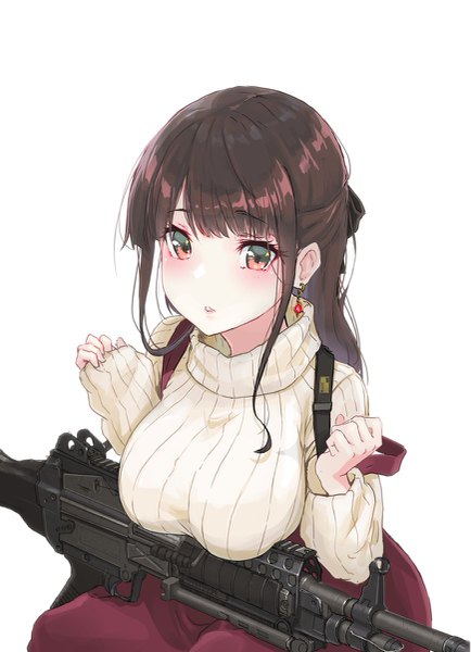 Anime picture 869x1200 with original oota youjo single long hair tall image looking at viewer blush fringe breasts simple background red eyes brown hair large breasts white background sitting payot long sleeves parted lips from above arms up