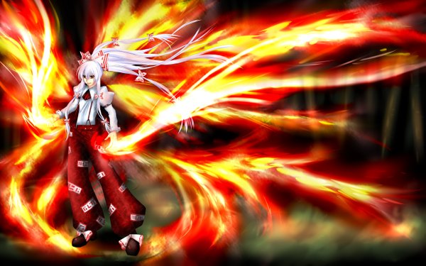 Anime picture 2461x1541 with touhou fujiwara no mokou single long hair highres red eyes wide image white hair magic girl bow hair bow pants fire