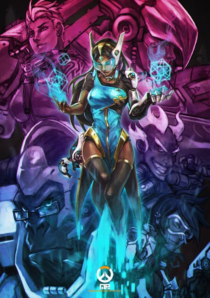 Anime picture 2477x3508 with overwatch blizzard entertainment tracer (overwatch) pharah (overwatch) symmetra (overwatch) zarya (overwatch) junkrat (overwatch) winston (overwatch) monori rogue long hair tall image highres short hair breasts black hair smile multiple girls eyes closed pink eyes lips