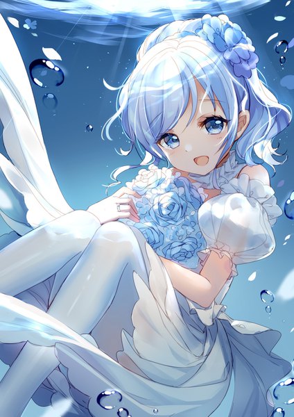 Anime picture 1000x1415 with warship girls r sigsbee (warship girls r) bison cangshu single tall image looking at viewer blush fringe short hair open mouth blue eyes smile payot silver hair bent knee (knees) ponytail head tilt :d hair flower puffy sleeves