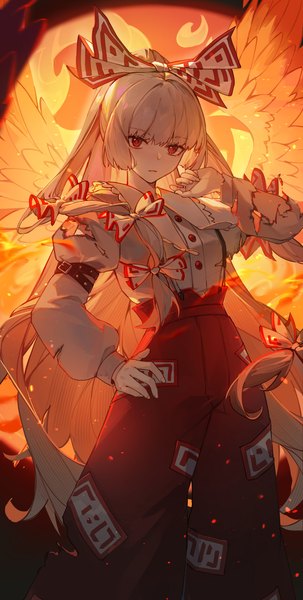 Anime picture 2894x5731 with touhou fujiwara no mokou kotatsu kaya single tall image fringe highres red eyes standing payot white hair blunt bangs very long hair hand on hip torn clothes girl bow hair bow wings sparks