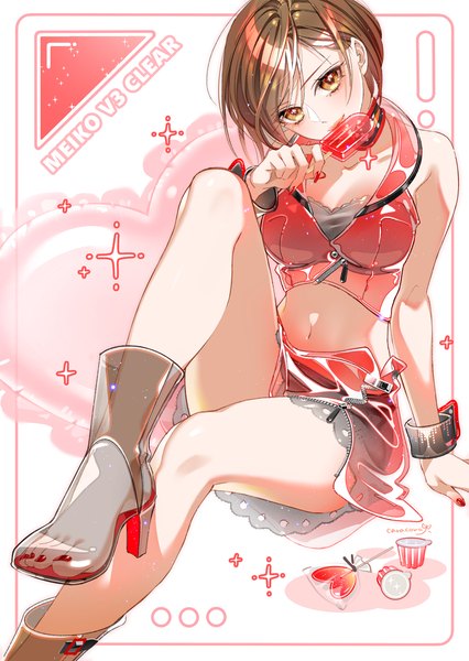 Anime picture 900x1268 with vocaloid meiko meiko (vocaloid3) caracoro single tall image looking at viewer short hair light erotic brown hair sitting brown eyes nail polish head tilt bare legs midriff high heels red nail polish transparent !