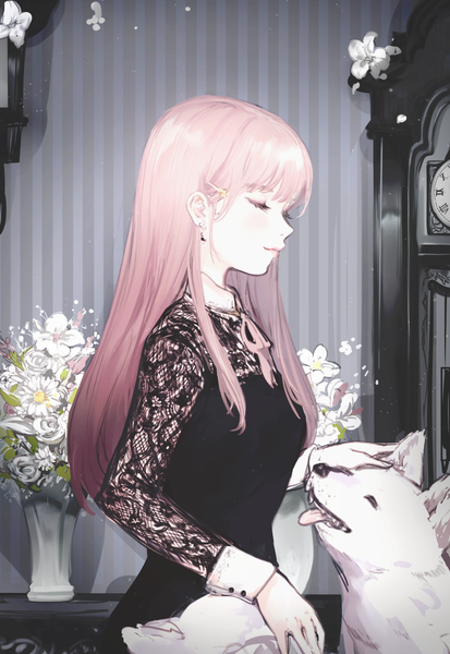 Anime picture 827x1200 with original k (sktchblg) single long hair tall image fringe standing pink hair upper body eyes closed profile striped girl flower (flowers) earrings animal clock bouquet lace dog