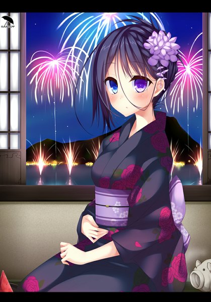Anime picture 715x1024 with original nishi minami suterii single long hair tall image looking at viewer blush blue eyes black hair sitting purple eyes sky traditional clothes japanese clothes hair flower heterochromia floral print letterboxed fireworks