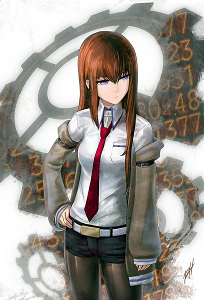 Anime picture 1088x1600 with steins;gate white fox makise kurisu ranh single long hair tall image fringe hair between eyes brown hair standing purple eyes signed looking away long sleeves open jacket hand on hip sleeves past wrists tsurime girl