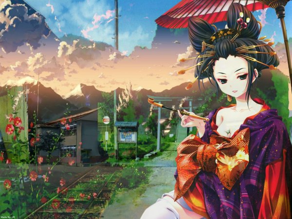 Anime picture 1280x960 with tagme (artist) light erotic cloud (clouds) japanese clothes mountain geisha kimono umbrella railways
