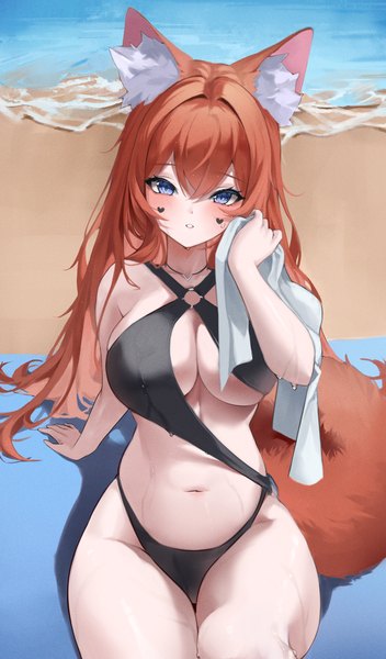 Anime-Bild 3000x5108 mit vrchat haku (liiixixixiii) single long hair tall image looking at viewer blush fringe highres breasts blue eyes light erotic hair between eyes large breasts sitting holding animal ears cleavage outdoors tail
