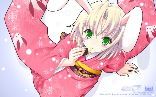 Anime picture 1920x1200 with memories off aizawa kotarou highres short hair blonde hair wide image green eyes japanese clothes bunny ears mouth hold girl kimono